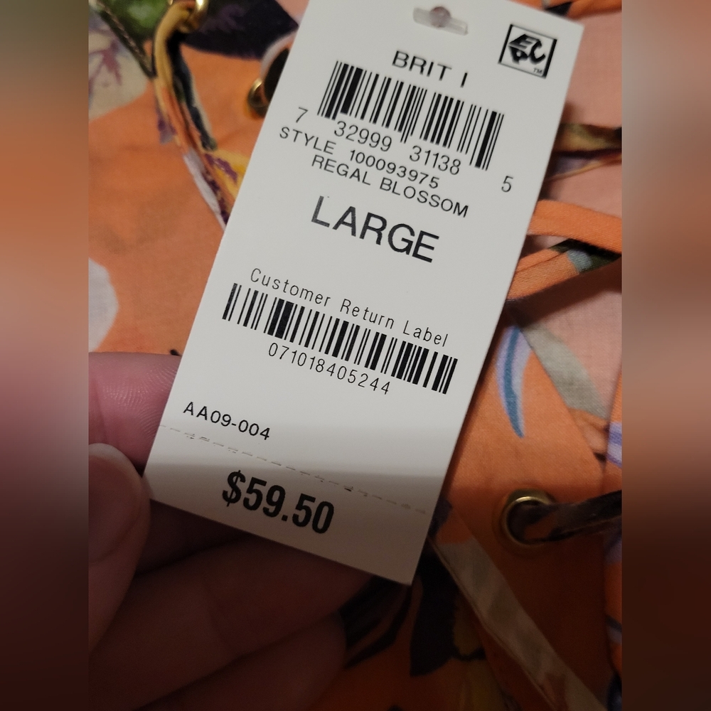 New I.N.C Peach White Hibiscus Floral Ruffle Sleeve Blouse & Tassles Size Large - Picture 15 of 15